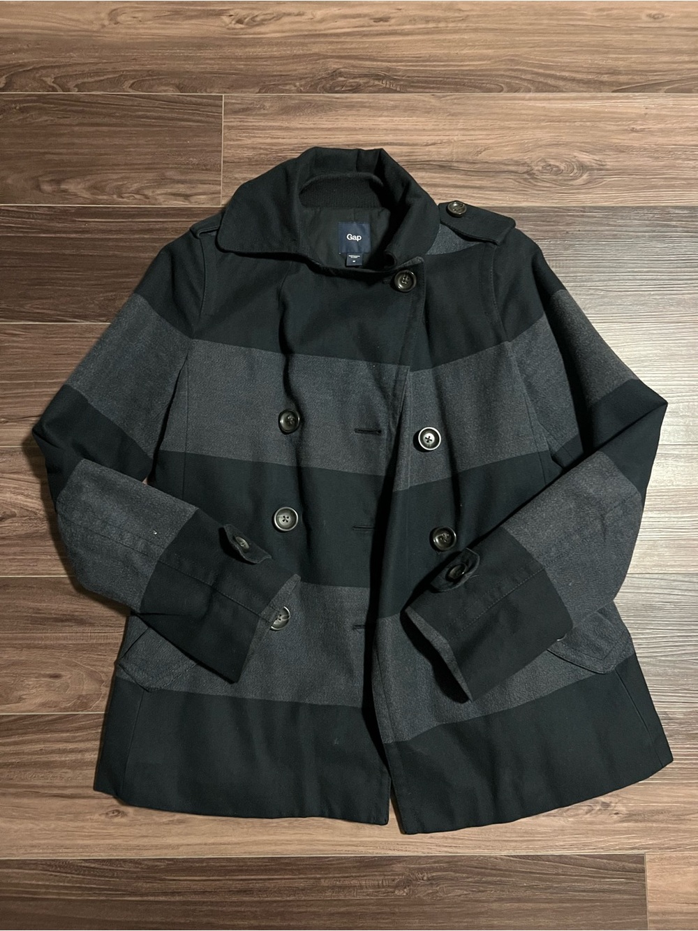 GAP Black and Charcoal Striped Peacoat